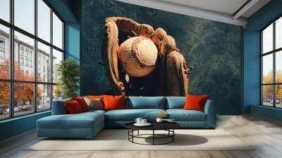 Baseball in old leather glove, shows ball and mitt for sports equipment with copy space. Wall mural