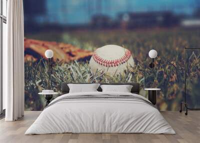 Old used baseball in grass field shows ball closeup for sport background. Wall mural