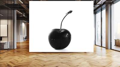 Ripe raw cherry with stem closeup in black and white with wet water droplets, isolated on white background. Wall mural