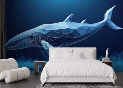 , Abstract blue whale underwater in polygons on a technology blue background. Low poly wireframe marine life concept. Polygonal futuristic vector illustration with 3D effect created with generative ai Wall mural