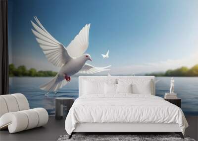 Peace concept to show the Freedom of White Origami Dove or Pigeon Flew from the Water into the Sky. International World Peace Day, Human Rights, Love, and Hope created with generative ai. Wall mural