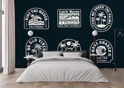 A set of retro-style surf club vector badges featuring ocean waves, palm trees, and sunsets. Perfect for t-shirt designs, stickers, posters and other uses. Wall mural