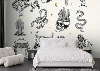 A Western-themed vector graphic set featuring cowboy elements such as a rodeo rider, hat, boots, cacti, skulls, a scorpion, snake, horseshoe, and mountain landscape. Wall mural