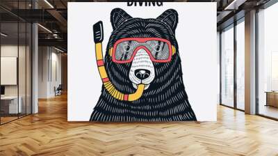 Bear wearing scuba glasses vector illustration with cool slogans. For t-shirt prints, posters and other uses. Wall mural