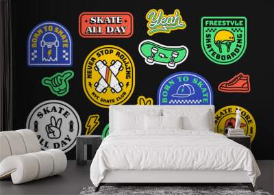 Set of vector skateboard badges, including lightning, peace hand sign, hat, shoes, skull, hat, helmet and skateboard.  Wall mural