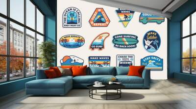 Set of vector surfing theme badge. Perfect t-shirt prints, posters, and other uses. Wall mural