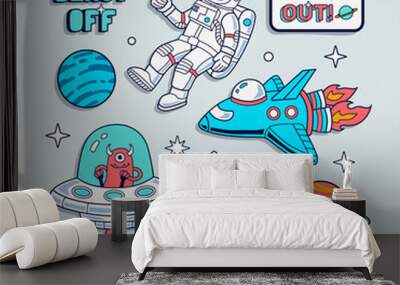 Space badges, stickers. Vector illustrations of peace an astronaut, spaceship, rocket, and planets. Wall mural