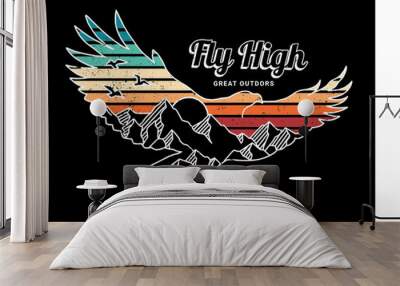 Vector illustration of a flying eagle with a mountains landscape. For t-shirt prints, posters an other uses. Wall mural