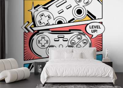 Vector joysticks gamepad illustration with slogan texts, for t-shirt prints and other uses. Wall mural