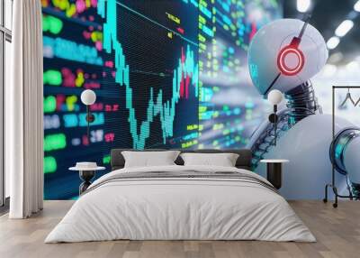 AI robot examines historical market data, vibrant 3D rendering, cartoon style, showcasing advanced technology in a playful and engaging manner, illustrating data analysis. Wall mural