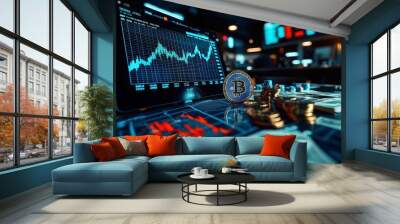 Animated blue financial charts on a sleek office table at night, illustrating cryptocurrency trading and gambling concepts through dynamic 3D rendering. Wall mural