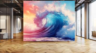 Cheerful Abstract Wave, vibrant watercolor depicting a large wave, exuding fresh and relaxing summer vibes, ideal for backgrounds or wallpapers with positive and healthy tones. Wall mural