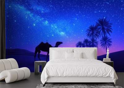 Fantasy Desert Mosaic, a captivating scene of a camel under a starry sky, surrounded by palm trees, enhancing artistic home decor with vibrant colors and enchanting details. Wall mural