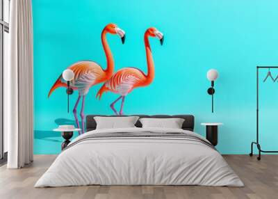 Flamingo Playtime, two vibrant flamingo toys in bright orange and blue, one standing and one running under a sunny sky, casting playful shadows on a cheerful day. Wall mural