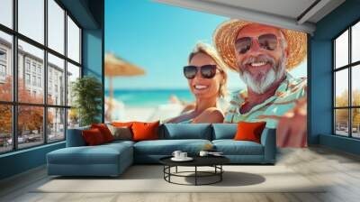 Joyful couple enjoying a serene beach day, soft waves lapping at the shore, vibrant blue sky overhead, peaceful atmosphere inviting relaxation and connection Wall mural