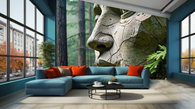 A colossal stone face integrated into the landscape Wall mural