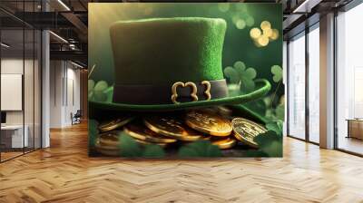 Shiny green hat, gold coins and clover leaves. St. Patrick's day concept Wall mural