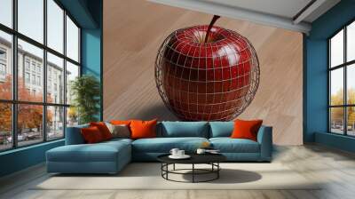 Red apple is sitting on a wooden table Wall mural