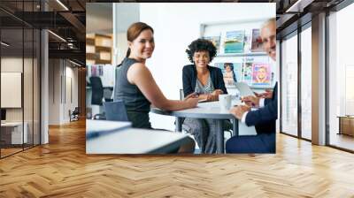 Business people at pitch meeting, portrait with strategy and teamwork for new magazine discussion at media agency. Communication, team with man and women talk about publication and editorial mission Wall mural