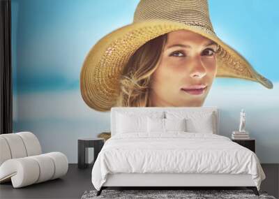 Holiday, summer and portrait of woman at beach for vacation, tropical and relax mockup. Wellness, nature and travel with face of female tourist and hat at seaside for sunbathing and paradise Wall mural