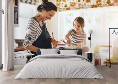 Mother, cooking or happy girl baking in kitchen as a family with a young kid learning cookies recipe at home. Cake pastry, baker or mother helping or teaching daughter to bake for child development Wall mural