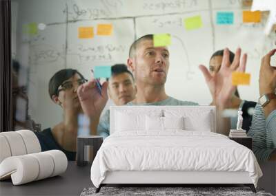 Planning is the first step. Cropped shot of a group of young designers planning on a glass board. Wall mural