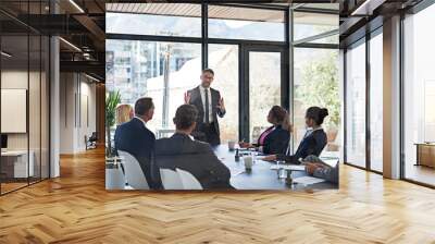 Running them through the plan. Shot of an executive giving a presentation to colleagues in a boardroom. Wall mural