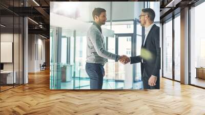 Youve been doing exceptionally well. Shot of two businessmen shaking hands together in an office. Wall mural