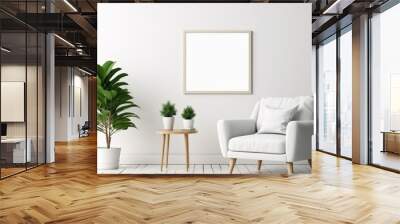 Blank picture frame mockup on white wall. White living room design. View of modern style interior with chair. Home staging, minimalism, concept  Wall mural