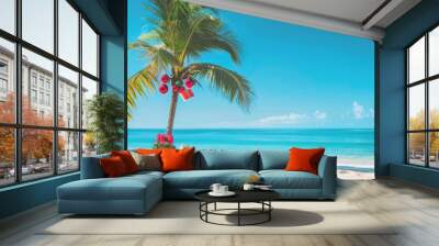 christmas in the southern hemisphere with a palm tree and presents Wall mural