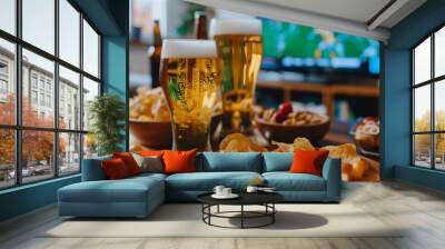 Pint of beer, chips and salty snacks on the table in front of televisor witch show off football match.Set of snacks and beverage soccer fan at home. Wall mural