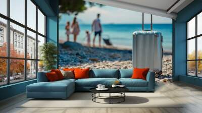 Summer holiday concept scene, illustrating suitcase on the beach and happy family at blurred second plan. Wall mural