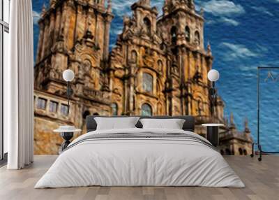 Astonishing facade of the Santiago de Compostela Cathedral, that represent the finish line of the Way of St. James, a famous pilgrimage route going trough northern Spain. Oil paint filter. Wall mural