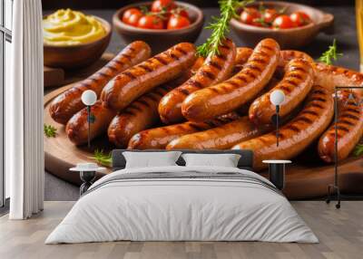 Assorted grilled sausages on cast iron plate, accompanied by mustard, ketchup dips, garnished with dill, lemon wedges, beside cold beer in mug, set on rustic wood surface, barbeque gatherings Wall mural