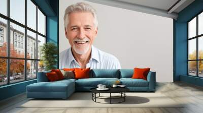 Beautiful gorgeous 60s age beautiful elderly senior model man with grey hair smiling. Mature old man close up portrait on white. happy healthy active old age. dating service for elderly. Generative AI Wall mural