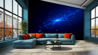 Bright blue light flare with glowing particles on dark background, abstract energy burst, futuristic technology concept, vibrant digital illustration for modern design Wall mural