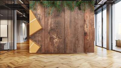 christmas composition. christmas gift, fir branches on wooden rustic background. beautiful christmas Wall mural