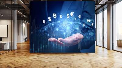 Financial Technology, internet payment, money exchange, digital banking concept. Businessman with hologram world and currency icons and bitcoin cryptocurrency on virtual screen Wall mural