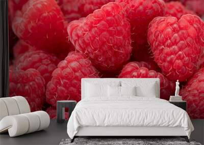 Fresh and sweet raspberries background. Fresh organic ripe raspberry. Bunch of red raspberries. top view Wall mural