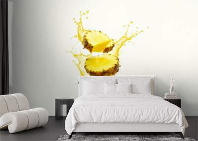 Fresh pineapple slices mid-air with splashing juice, vibrant yellow fruit, dynamic motion freeze, isolated on white background for healthy eating concept Wall mural