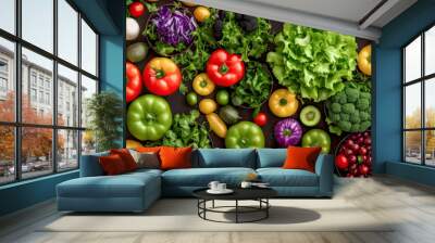 Fresh vegetables on black background. Variety of raw vegetables. Colorful various herbs and spices for cooking on dark background, copy space, banner. Generative AI Wall mural