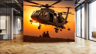 Military helicopter landing in desert. Military scene against the backdrop of fire and bright sunset. military helicopter transports soldiers. Generative AI Wall mural