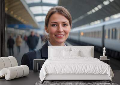 smiling woman in smart casual attire waiting on train station. Busy platform, passengers, modern architecture, rail passenger transport them Wall mural