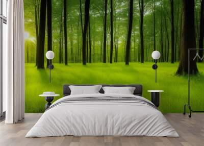 Spring green abstract forest background. Spring or summer and grass field with sunny background. Spring Nature. Beautiful Landscape. Green Grass and Trees Wall mural