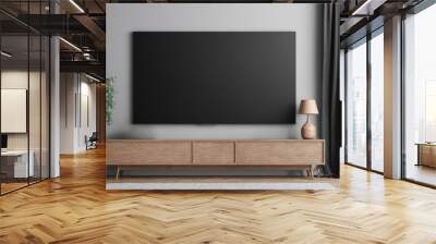 Television on gray wall, TV 4K flat screen lcd or oled realistic illustration, Black blank HD monitor mockup, Modern video panel black flatscreen. Wall mural