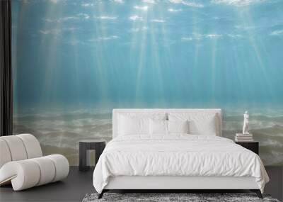 underwater background deep blue sea and beautiful light rays with sandy floor. Underwater Sea, Deep Abyss With Blue Sun light. banner Wall mural