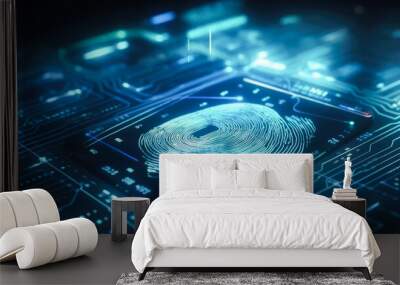 3D illustration. Fingerprint integrated in a printed circuit, releasing binary codes. Wall mural