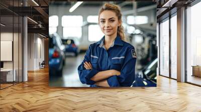 car service, repair, maintenance and people concept - auto mechanic woman or smith with wrench at workshop Wall mural