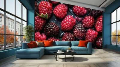 closeup of loganberry plant with ripe loganberries growing in organic garden  Wall mural