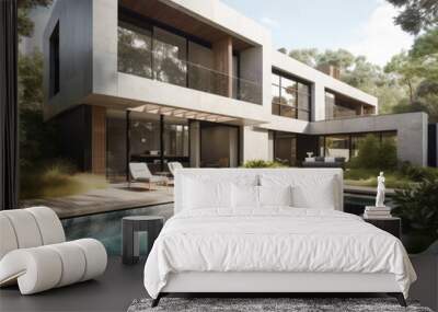 Dining table with chair and wooden sun loungers placed near swimming pool in yard of expensive contemporary minimalist styled villa  Wall mural